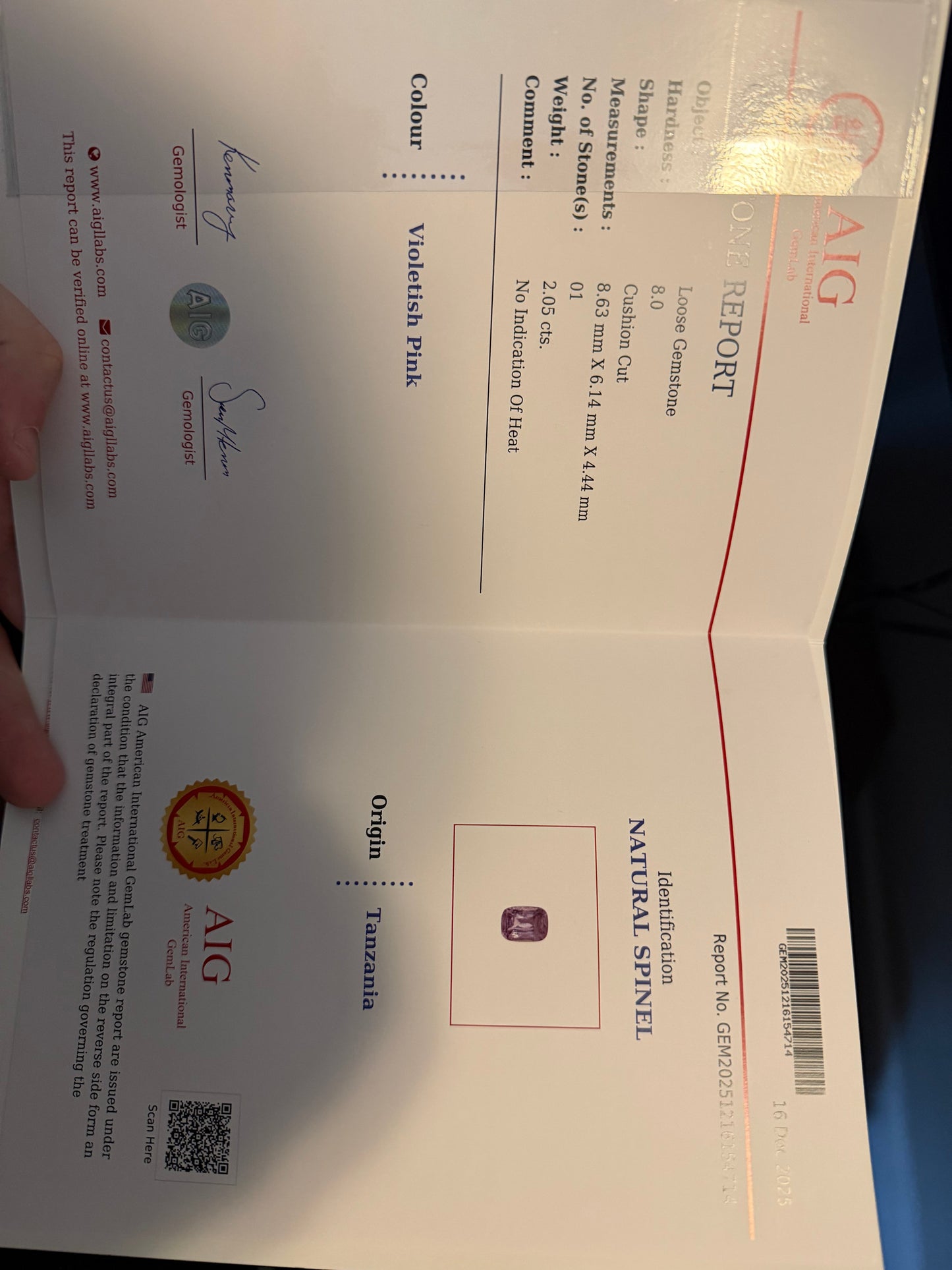 2.04 Ct Violet Pink Spinel with Cert.